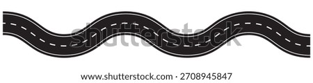 Winding road with curved highway path vector illustration. Asphalt street design for navigation maps, journey routes and transportation graphics isolated white background.