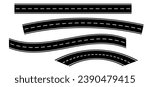 Winding road. Curved road with white markings. Asphalt roadway with turns. Curve way or asphalt highway or city street. Winding route template. Zigzag line pattern. Flat parts road wavy. Path wave.