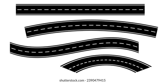 Winding road. Curved road with white markings. Asphalt roadway with turns. Curve way or asphalt highway or city street. Winding route template. Zigzag line pattern. Flat parts road wavy. Path wave.
