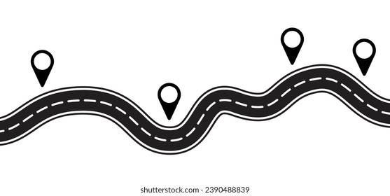 Winding road. Curved road with white markings. Road with gps pins or pointer pin. Curve way or asphalt highway or city street. Winding route template. Flat parts road wavy. Path wave.