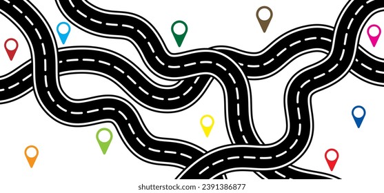 Winding road. Curved road with white markings. Road with gps pins or pointer pin. Curve way or asphalt highway or city street. Winding route template. Flat parts road wavy. Path wave. Pins location. 