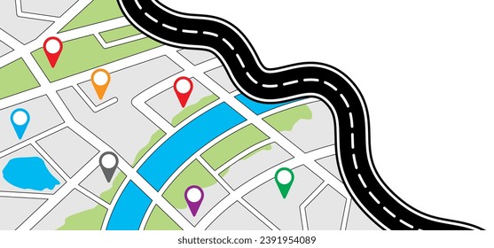 Winding road. Curved road with white markings. Road with gps pins or pointer pin. Curve way or asphalt highway or city street. Winding route template. Flat parts road wavy. Path wave. Pins location. 