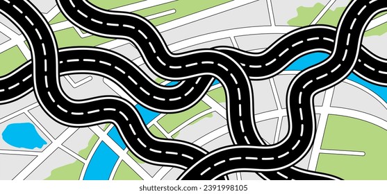Winding road. Curved road with white markings. Asphalt roadway with turns. Curve way or asphalt highway or city street. Winding route template. Zigzag line pattern. Flat parts road wavy. Path wave.
