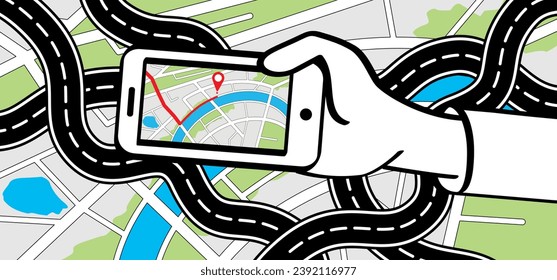 Winding road. Curved road with white markings. Road with gps pins or pointer pin. Curve way or asphalt highway or city street. Winding route template. Flat parts road wavy. Path wave. Pins location. 