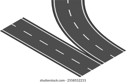 Winding road curves and splits into two straight paths, creating a visual representation of choices and different directions in life, viewed from an isometric perspective