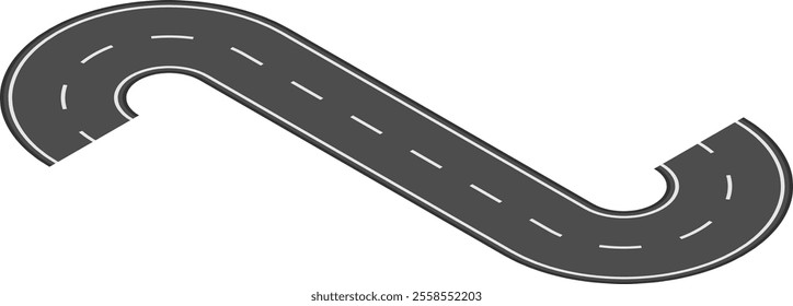 Winding road curving in an s shape with white lane markings on asphalt, illustrating themes of travel, transportation, and the journey through diverse landscapes and infrastructure