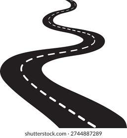 A winding road with dashed lines curving through a landscape.