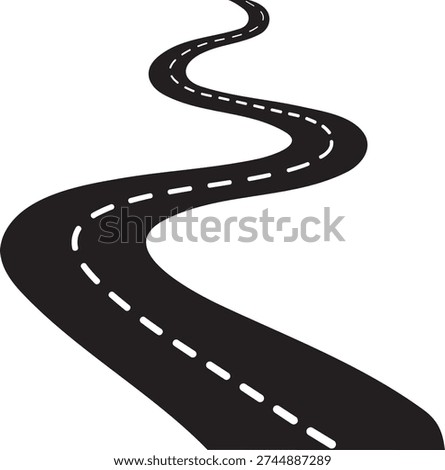 A winding road with dashed lines curving through a landscape.