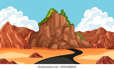 Winding road in a desert with rocky cliffs.