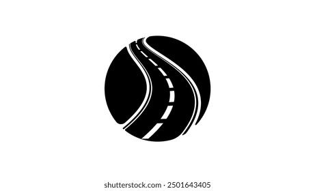 Winding road emblem, black isolated silhouette