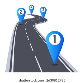Winding road featuring numbered location pins along the route, representing a journey filled with planning and progress towards a specific destination and future achievements