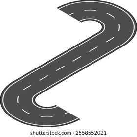 Winding road featuring two sharp turns, forming an elegant s shape, with white lane stripes contrasting against a bright white background, inviting journeys and adventures ahead