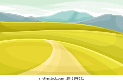 Winding Road Going into the Distance and Grassy Hill Vector Illustration