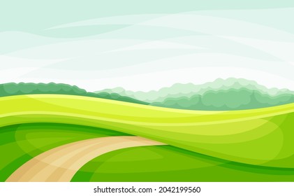 Winding Road Going into the Distance and Grassy Hill Vector Illustration