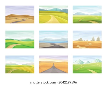 Winding Road Going into the Distance and Grassy Hill Vector Set
