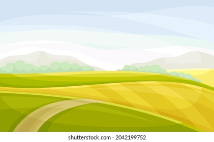 Winding Road Going into the Distance and Grassy Hill Vector Illustration