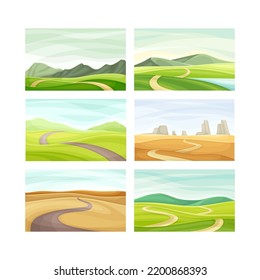 Winding Road Going Into The Distance And Grassy Hill Vector Set