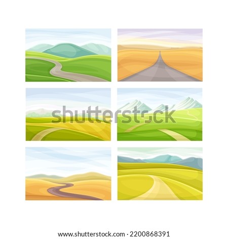 Winding Road Going into the Distance and Grassy Hill Vector Set