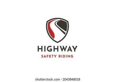 Winding Road highway with shield logo design vector inspiration.