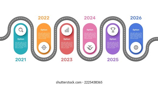 Infografía horizontal de la carretera de rodadura. Presentación comercial de hitos de empresa de 6 tiempos.