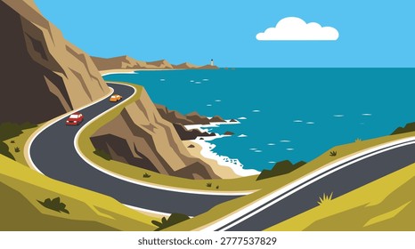 A winding road hugs a cliffside overlooking a sparkling blue ocean with waves crashing on the shore. Cars travel along the scenic route under a clear sky with a single cloud.