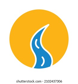 winding road icon to mountains and sun yellow blue solid. for logo outdoor. adventure logo. outdoor logo. simple logo adventure