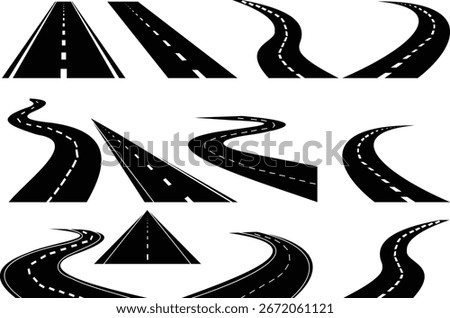 Winding road icon set. Perfect Curved asphalt highway perspective. Bending street path with marking. Journey, drive, direction concept. Empty motorway to horizon. isolated and transparent background