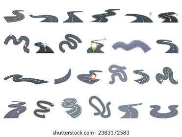 Iconos de carreteras de soldadura establecen el vector de dibujos animados. Curva de viaje del vehículo. Conducción en coche