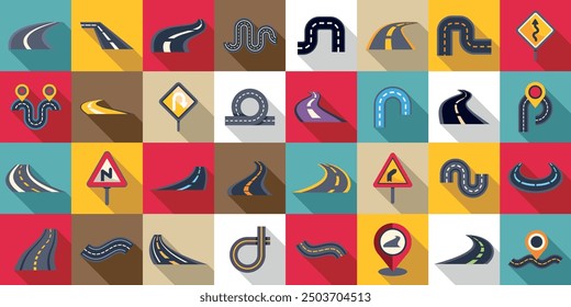 Winding road icons set. Collection of road signs representing different directions and turns over colorful squares