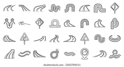 Winding road icons set. Set of line art icons featuring various road types and configurations, perfect for illustrating travel, transportation, or infrastructure concepts