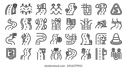 Winding road icons set outline vector. Traveling vehicle. Landscape car driving