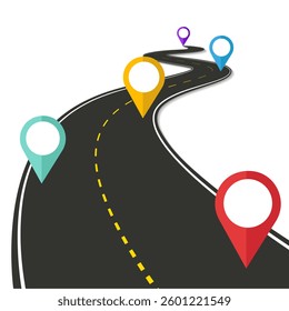 Winding road infographic with multiple colorful location markers, curved highway path with navigation pins, travel and journey concept, vector illustration, route planning, GPS direction symbol
