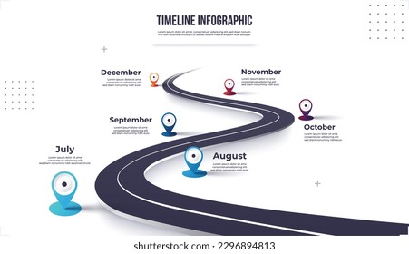 Infografía de Winding Road con el concepto de línea de tiempo. Plantilla de infografía de ubicación en carretera con puntero de pin. EPS vectorial 10