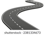 Winding road isolated on transparent background, curved road with white lines, bending traffic road to horizon in perspective, winding empty asphalt highway - stock vector