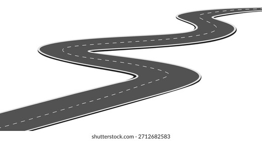 Winding road isolated on white. Curved asphalt highway in perspective. Top view of race track and highway. Flat vector illustration isolated on white background.