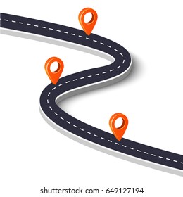 Winding road isolated on a white background. Road way location infographic template with pin pointer. Vector image