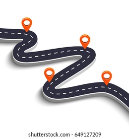 Winding road isolated on a white background. Road way location infographic template with pin pointer. Vector image