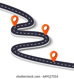 Winding road isolated on a white background. Road way location infographic template with pin pointer. Vector image