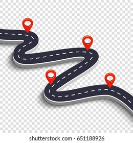 Winding road isolated on a white background. Road way location infographic template with pin pointer. Vector image