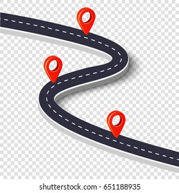 Winding road isolated on a white background. Road way location infographic template with pin pointer. Vector image