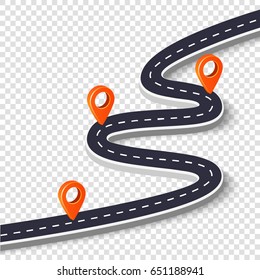 Winding road isolated on a white background. Road way location infographic template with pin pointer. Vector image