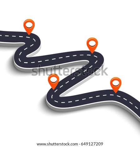 Winding road isolated on a white background. Road way location infographic template with pin pointer. Vector image