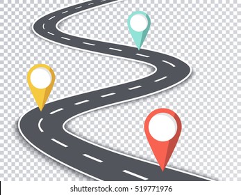 Winding Road Isolated Transparent Special Effect. Road Way Location Infographic Template with Pin Pointers. Vector EPS 10