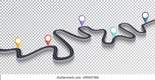 Winding Road Isolated Transparent Special Effect. Road way location infographic template. Vector EPS 10