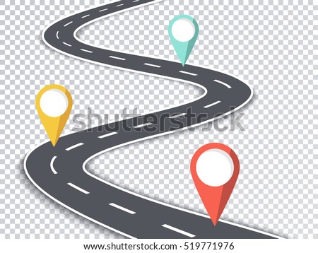 Winding Road Isolated Transparent Special Effect. Road Way Location Infographic Template with Pin Pointers. Vector EPS 10