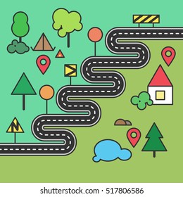 Winding road journey and hiking trip with camping place and pin-pointer in a flat design style. Vector EPS 10