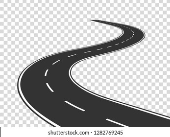 Winding road. Journey traffic curved highway. Road to horizon in perspective. Winding asphalt empty line isolated vector concept