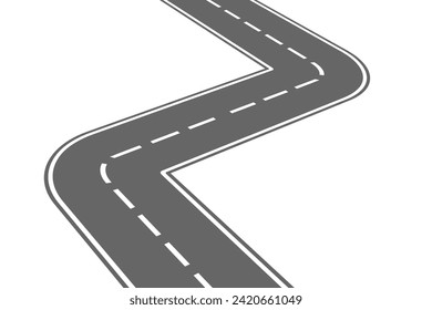 Winding road. Journey traffic curved highway. Road to horizon in perspective. Winding asphalt empty line isolated vector concept