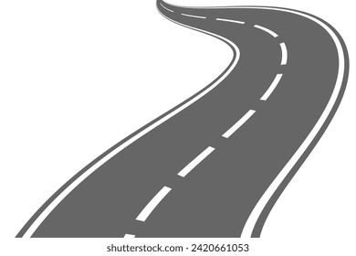 Winding road. Journey traffic curved highway. Road to horizon in perspective. Winding asphalt empty line isolated vector concept