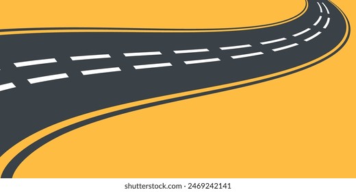 Sinuoso camino. Travesía por la carretera curva. Camino al horizonte en perspectiva. Concepto de Vector aislado de línea vacía de asfalto sinuoso